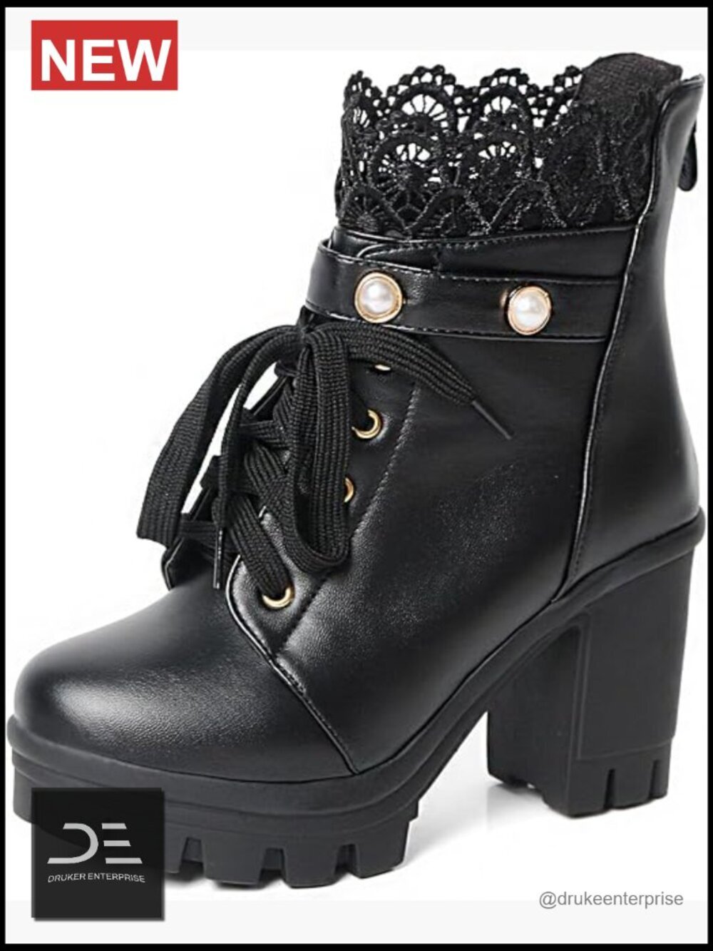 PU Leather Platform Combat Boots with Zipper Chunky Heel Ankle Bootie Lace Up